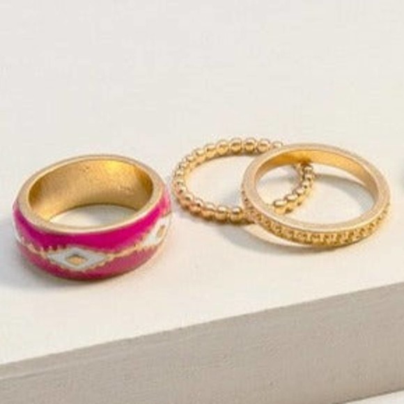 Western Aztec Enameled Ring Set Fuchsia Gold Size 7 - Picture 2 of 3